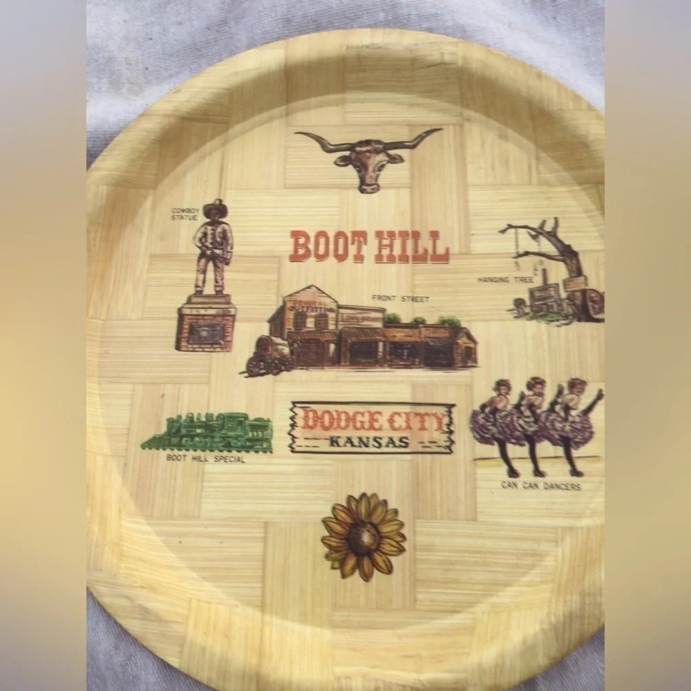 Vintage 13” Dodge city Kansas bamboo plate Boot Hill‎ Midwest Route 66 boho MCM